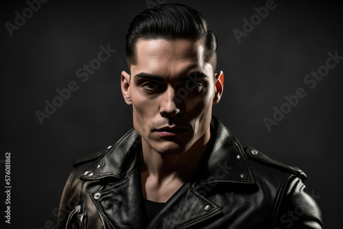 Intense portrait of a man with slicked-back black hair, a chiseled jawline, wearing a black leather jacket, and a serious expression, generative ai