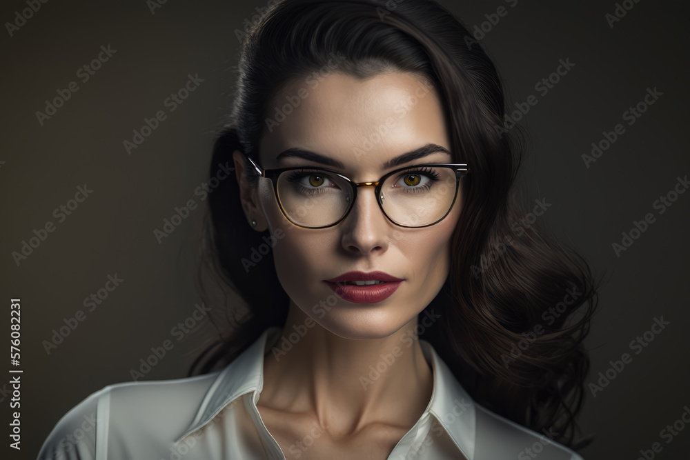 Elegant businesswoman wearing a white blouse and glasses, looking directly at the camera with a calm and composed expression, generative ai