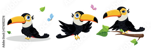 Vector illustration of cute toucans on white background. Charming characters in different poses: a toucan is standing, flying, sitting on a tree branch with butterflies in a cartoon style. © MVshop