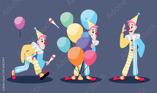 Vector illustration of a cute and beautiful clown on a purple background. Charming funny clowns in different poses and emotions: juggling skittles, with a bunch of balloon, gesturing in cartoon style.