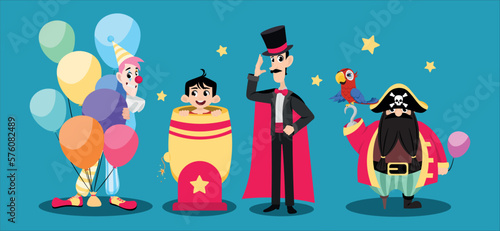 Vector illustration of a cute clown, magician, pirate on a blue background. Magical funny clowns with a bunch of balloons, magician shows trick with boy, pirate with parrot in cartoon style.