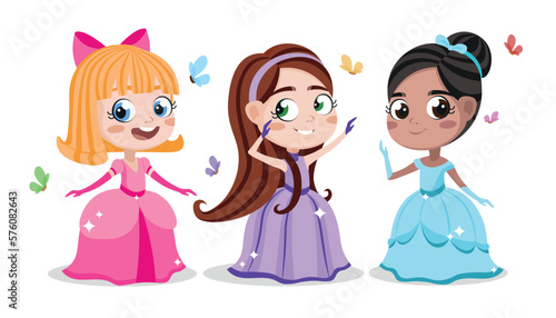 Vector illustration of a cute princess on white. Charming fairy-tale characters: a blue-eyed blonde, a green-eyed brown-eyed girl and a brown-eyed brunette in beautiful dresses, in a cartoon style.