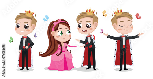 Vector illustration of cute and beautiful prince and princess on white background. Charming character prince with crown and mantle, princess in beautiful dress and butterflies in cartoon style.
