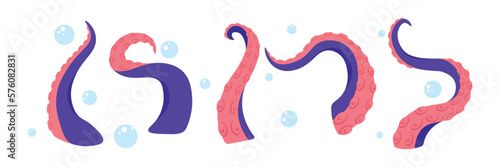 Vector illustration of a cute and beautiful octopus tentacle isolated on white background. Charming characters of curved octopus tentacles and bubbles in cartoon style.