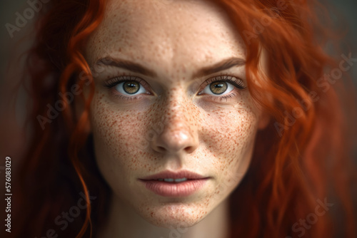 Close-up portrait of a woman with striking freckles, her red hair styled in messy waves, and a playful smirk on her lips, generative ai photo