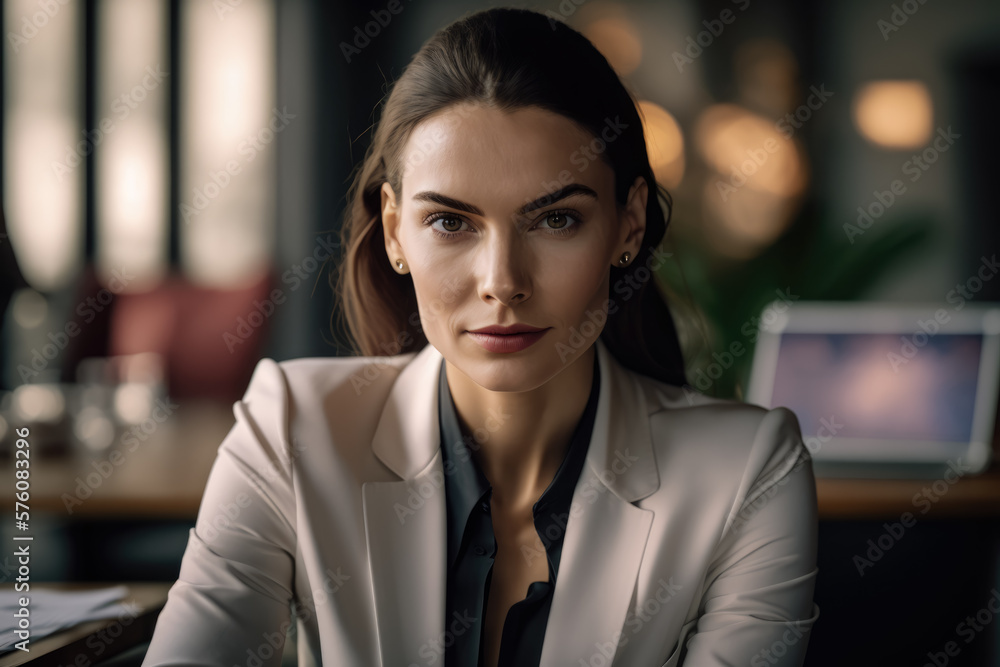 Naklejka premium Close-up of a confident businesswoman with a subtle smile wearing professional attire and sitting at a desk with a laptop and papers, generative ai