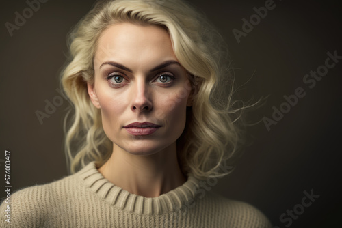 Charming 40-year-old blonde woman with tousled hair and a relaxed expression, wearing a comfortable sweater against a plain studio background, generative ai