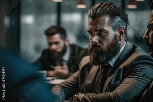 Businessman with a beard and dark hair discussing business strategy with colleagues in a conference room, generative ai