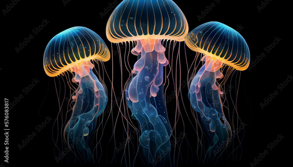 Jellyfish glowing on black background, Generative AI Jellyfish glowing on black background, Generative AI