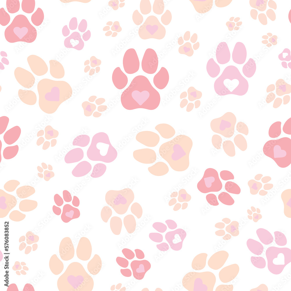 seamless repeat pattern with cute and beautiful pink tone dog paws and hearts on a white background perfect for fabric, scrap booking, wallpaper, gift wrap, pet fabric projects seamless repeat pattern with cute and beautiful pink tone dog paws and hearts on a white background perfect for fabric, scrap booking, wallpaper, gift wrap, pet fabric projects