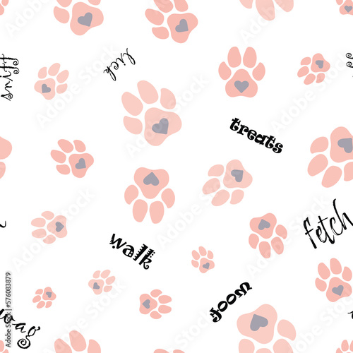 seamless repeat pattern with cute and beautiful peach pink dog paws with gray hearts on the white background perfect for fabric, scrap booking, wallpaper, gift wrap, pet fabric projects