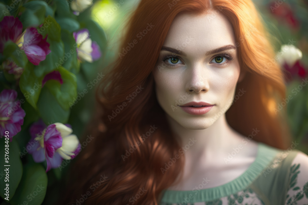 Beautiful young woman with long red hair wearing a green sundress in a blooming garden, generative ai Beautiful young woman with long red hair wearing a green sundress in a blooming garden, generative ai