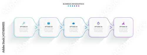 Timeline infographic with infochart. Modern presentation template with 5 spets for business process. Website template on white background for concept modern design. Horizontal layout.