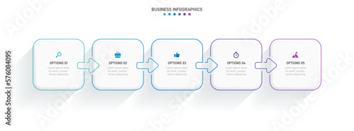 Timeline infographic with infochart. Modern presentation template with 5 spets for business process. Website template on white background for concept modern design. Horizontal layout.
