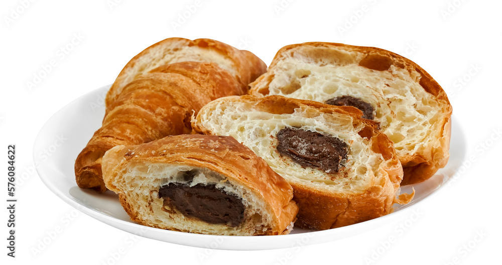 croissant with chocolate on a white plate on a transparent background close-up