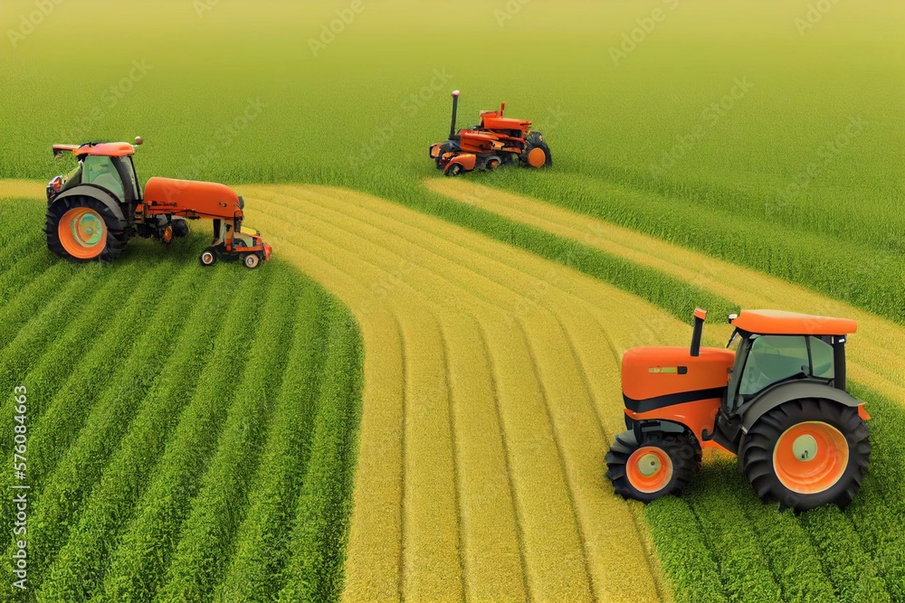Tractor with a disc harrow system on the cultivated farm field, process of harrowing and