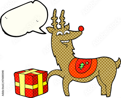 comic book speech bubble cartoon christmas reindeer with present