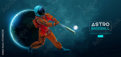 Baseball player astronaut in space action and Earth, Moon planets on the background of the space. Vector illustration