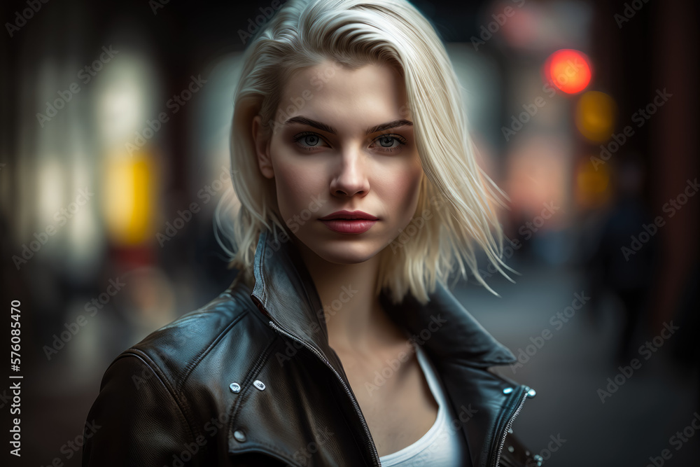 Fototapeta premium Fierce Blonde in a Leather Jacket and Skinny Jeans, generative ai