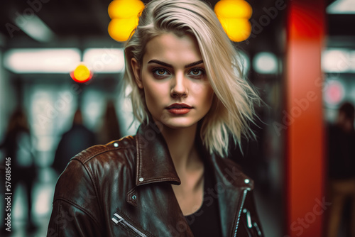 Fototapeta Fierce Blonde in a Leather Jacket and Skinny Jeans, generative ai