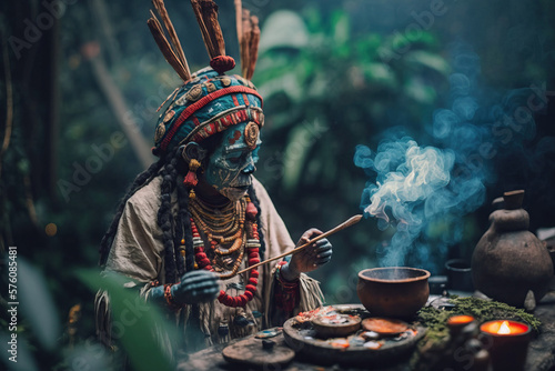 Spiritual Shamanism. Traditional healing ceremony by a Mayan shaman. Ritual concept. AI Generative