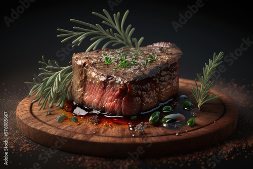 medium-rare juicy steak, spices and herbs