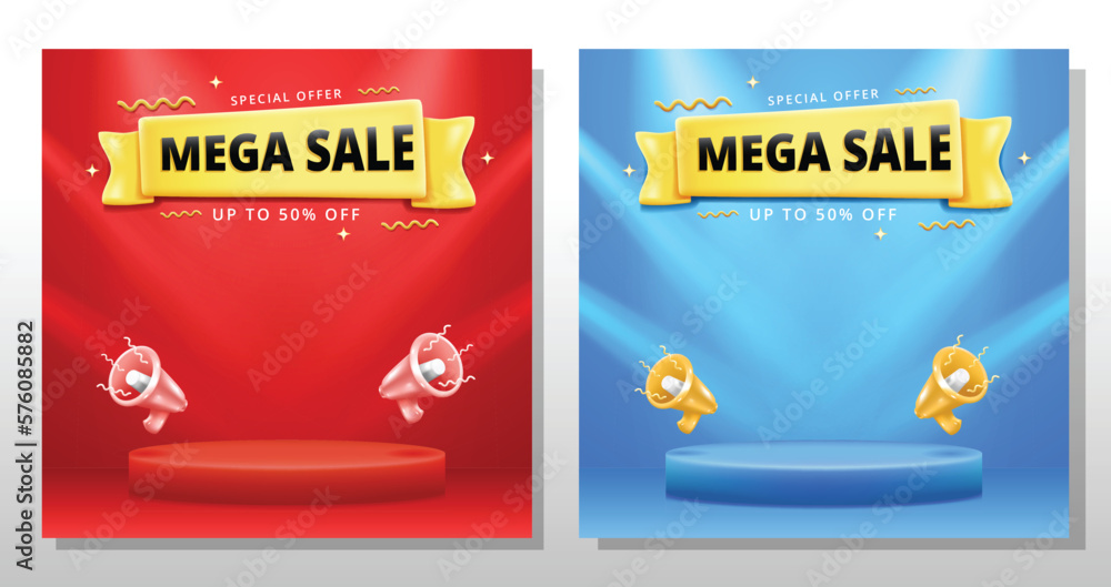 Fototapeta premium sale promo banner template with 3D podium and bolt icons