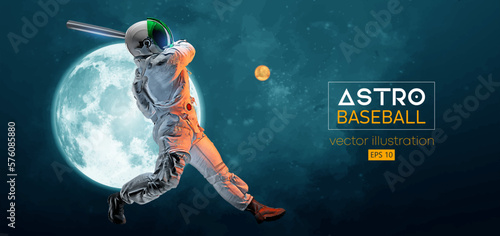 Baseball player astronaut in space action and Moon, Mars planets on the background of the space. Vector illustration
