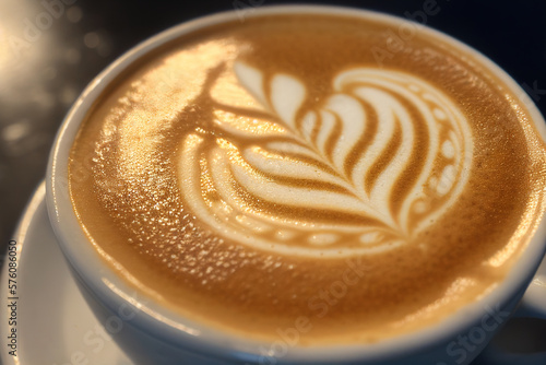 Cup of coffee with latte art, close-up. AI generated image.