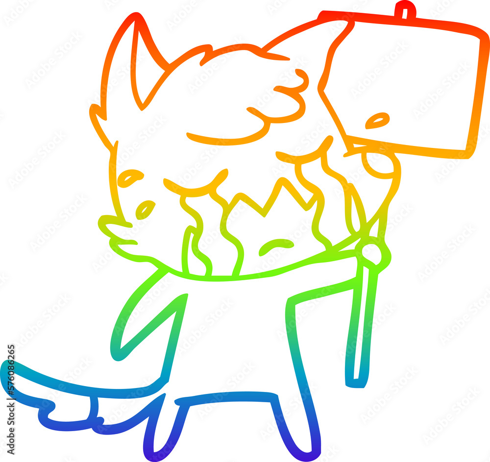 rainbow gradient line drawing crying fox cartoon with placard rainbow gradient line drawing crying fox cartoon with placard