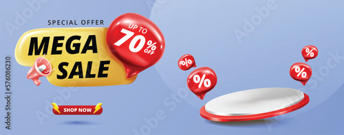 mega sale horizontal promo banner template with 3D podium and bolt icons