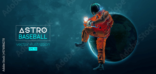 Baseball player astronaut in space action and Earth, Moon planets on the background of the space. Vector illustration