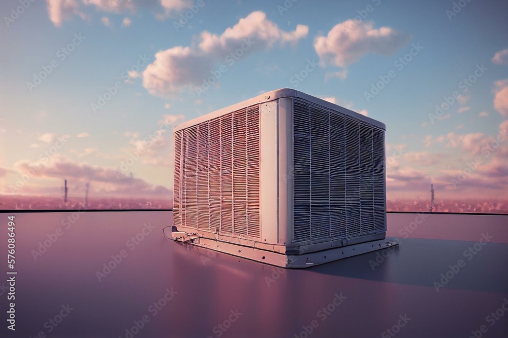 Condenser unit or compressor on roof of industrial plant building with