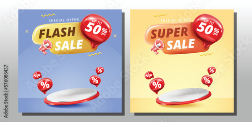 Flash sale promo banner template with 3D podium and bolt icons