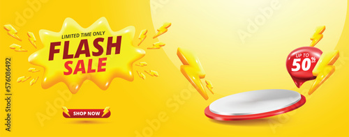 Flash sale horizontal promo banner template with 3D podium and bolt icons