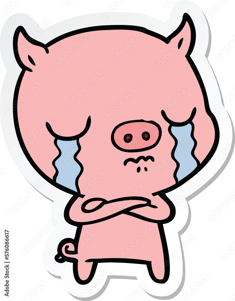 sticker of a cartoon pig crying