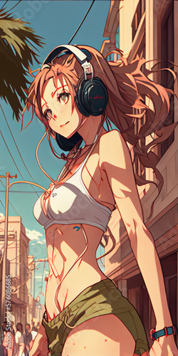 Beautiful and sexy anime girl in bikini listening to lofi hip hop music with headphones on city street.