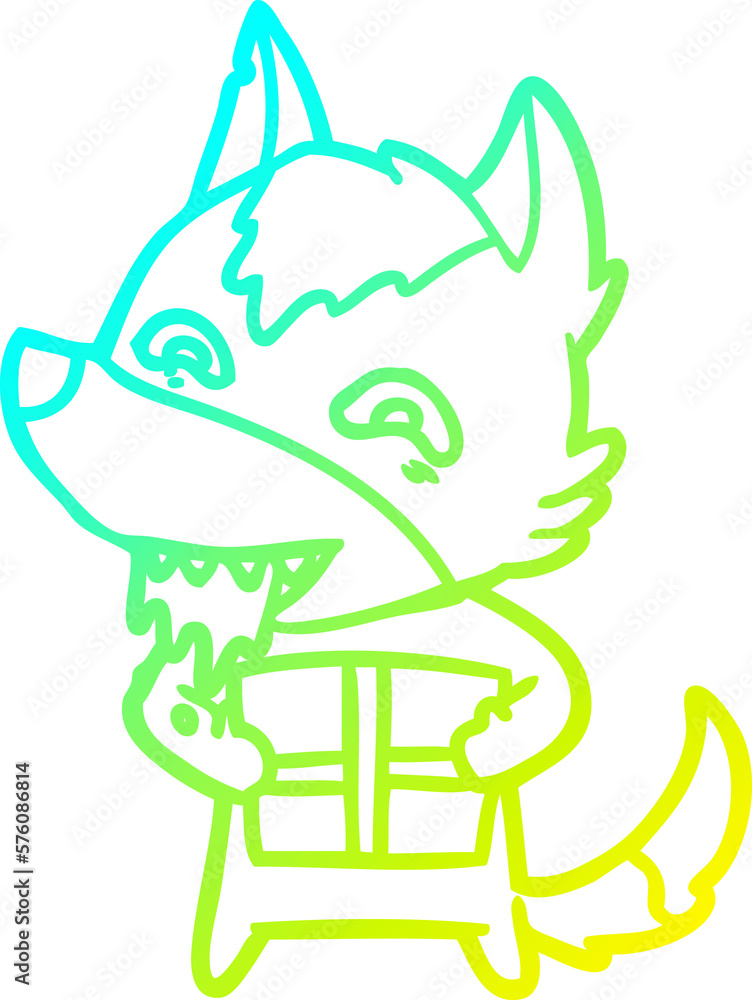 cold gradient line drawing cartoon hungry wolf holding christmas present cold gradient line drawing cartoon hungry wolf holding christmas present