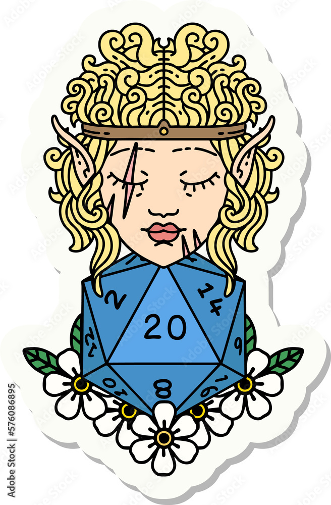elf barbarian character with natural twenty dice roll sticker elf barbarian character with natural twenty dice roll sticker