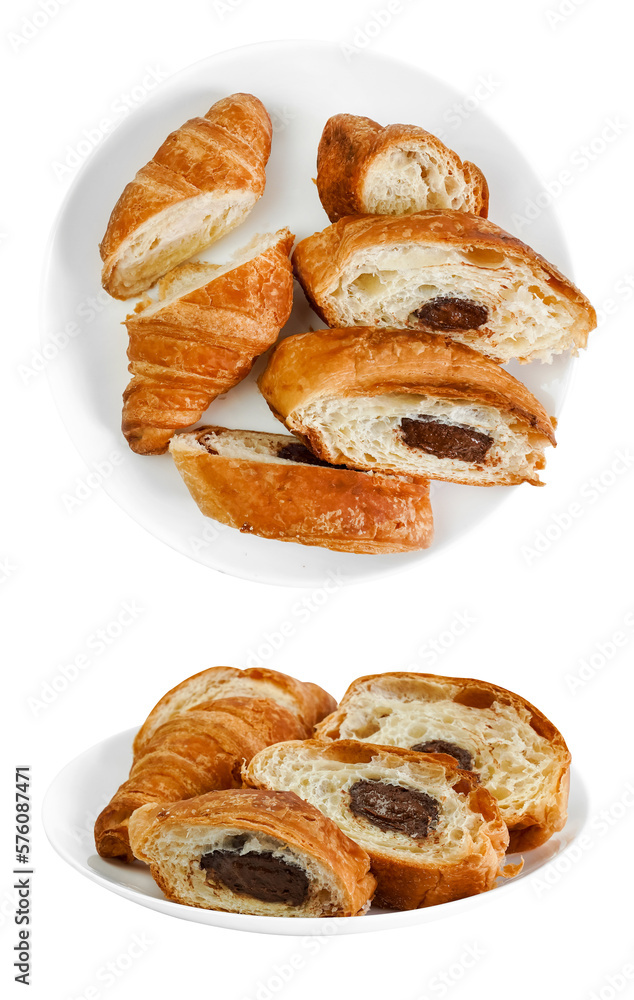 croissant chopped with  chocolate on a white plate on a transparent background top view side view
