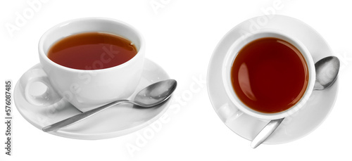 black tea in a white ceramic cup and saucer on a transparent background, top view side view