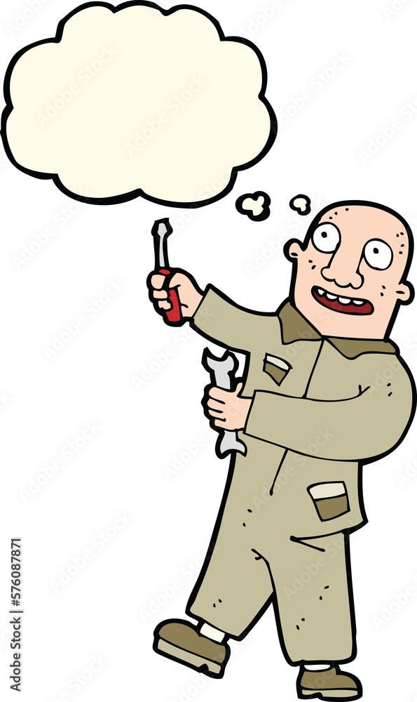 cartoon mechanic with thought bubble cartoon mechanic with thought bubble