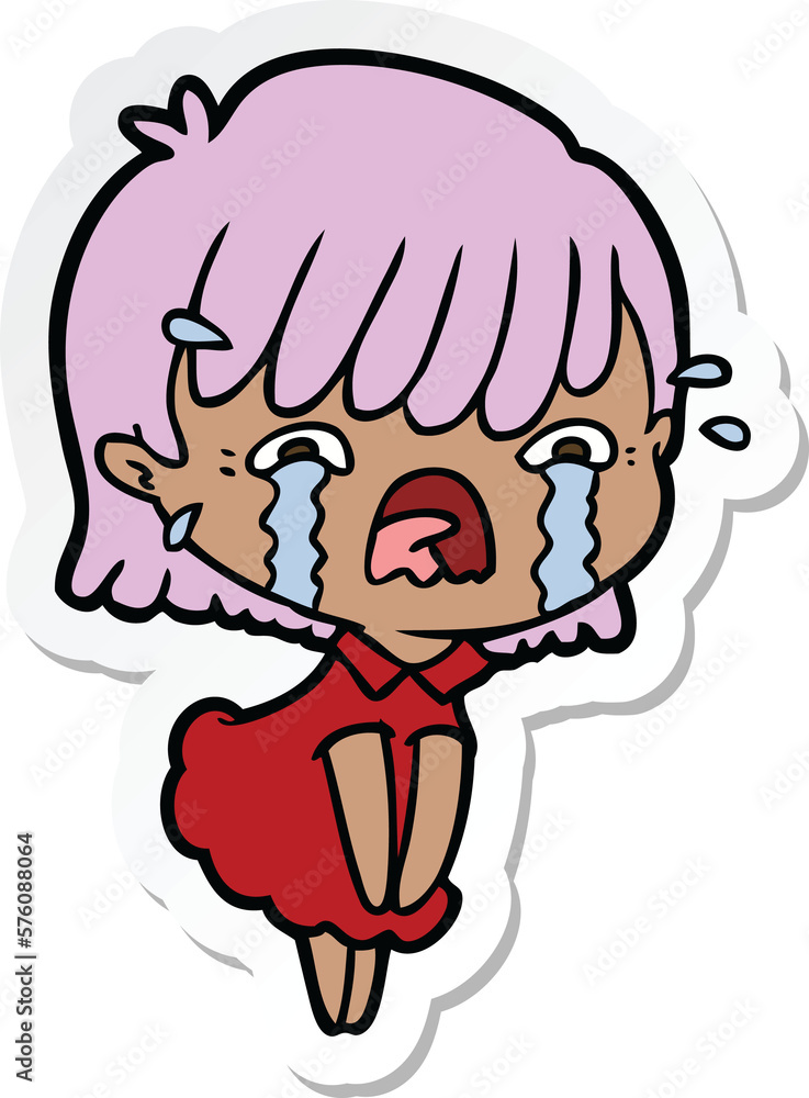 sticker of a cartoon girl crying