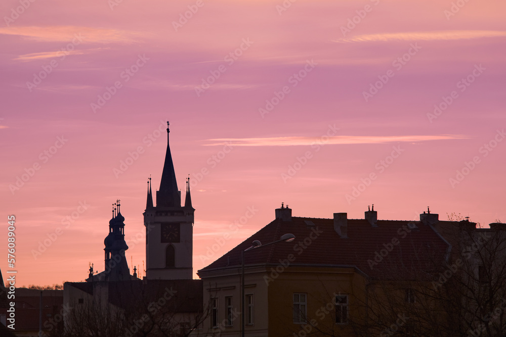 Sunset panorama of the European historic town of Litomerice, Czechia 