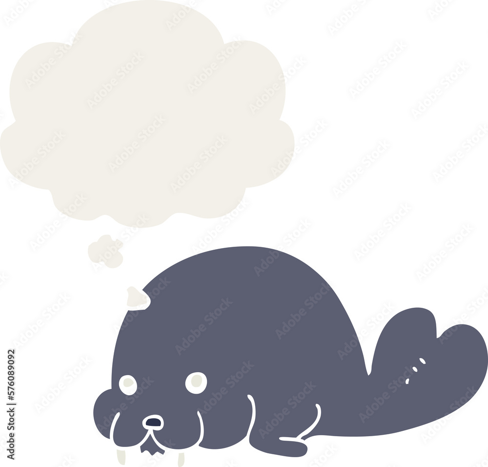 Fototapeta premium cute cartoon walrus and thought bubble in retro style