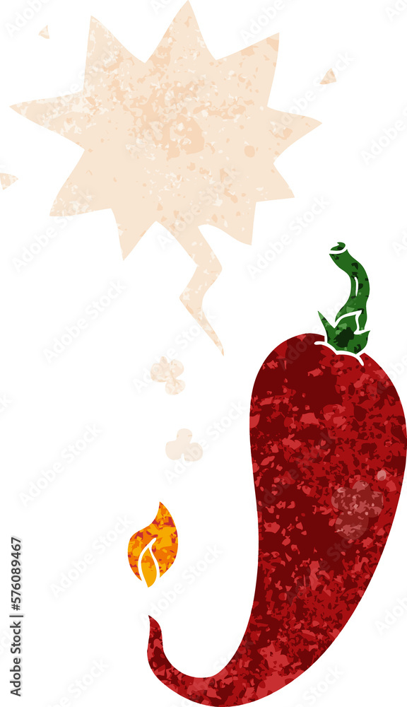 cartoon chili pepper and speech bubble in retro textured style cartoon chili pepper and speech bubble in retro textured style