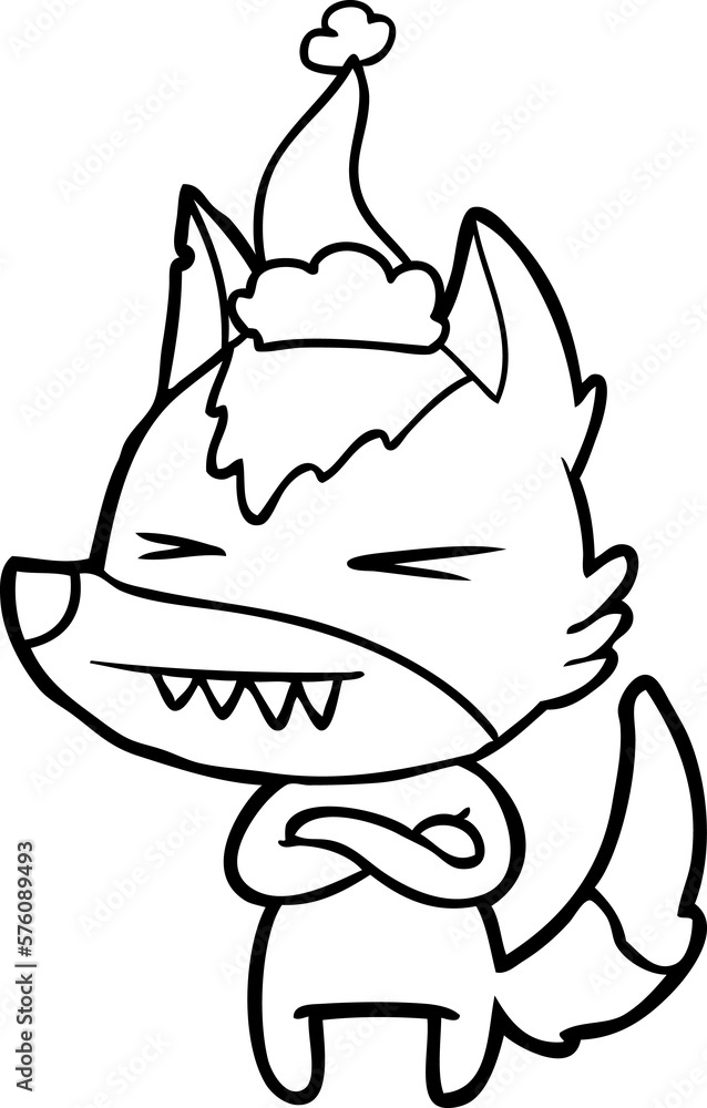 angry wolf line drawing of a wearing santa hat angry wolf line drawing of a wearing santa hat
