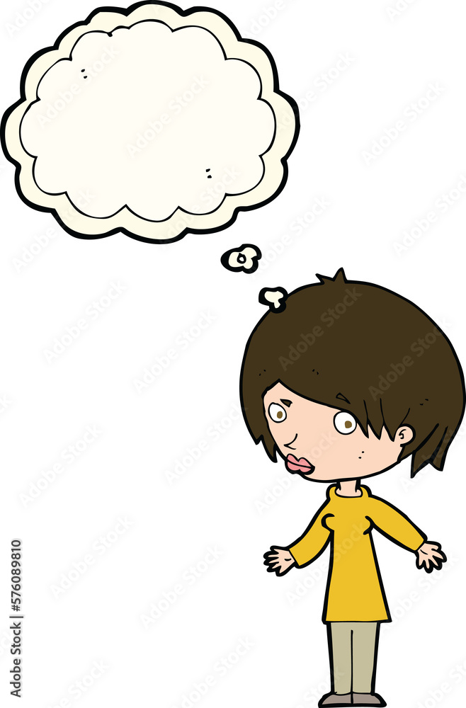 cartoon woman shrugging shoulders with thought bubble cartoon woman shrugging shoulders with thought bubble