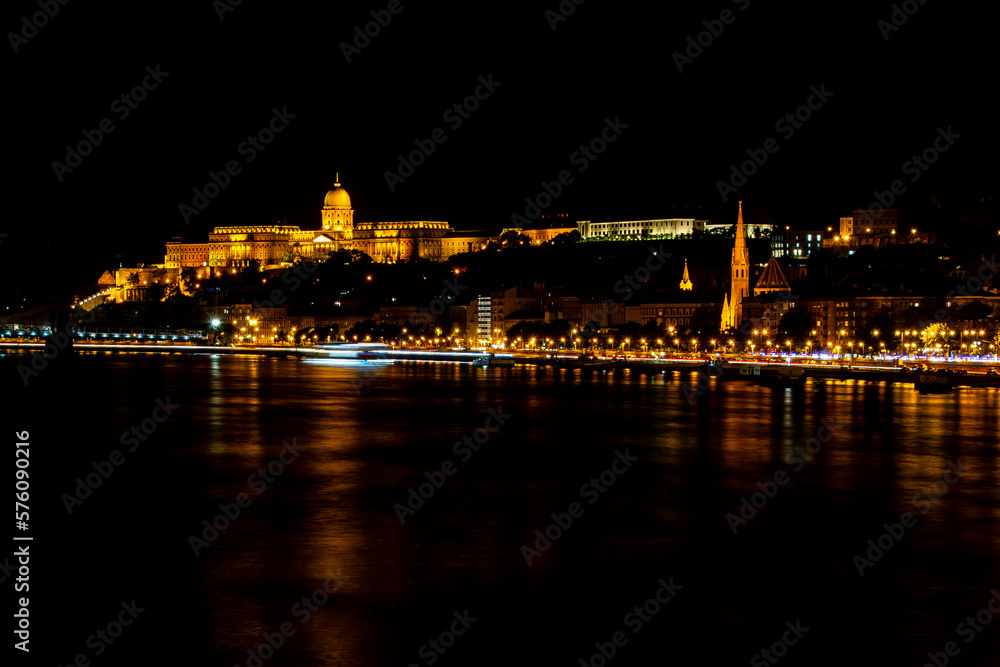 The Buda Royal Palace and the Danube bank at night, Budapest, Hungary