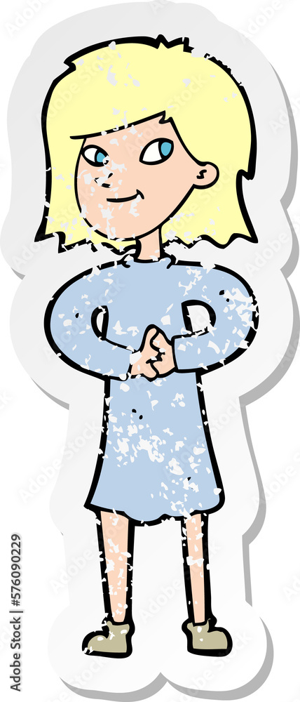 retro distressed sticker of a cartoon happy woman retro distressed sticker of a cartoon happy woman